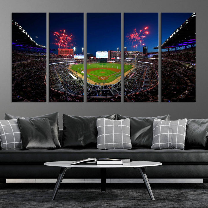 Truist Park wall art: fireworks over a Braves crowd, a large 3-panel canvas, framed and ready-to-hang.