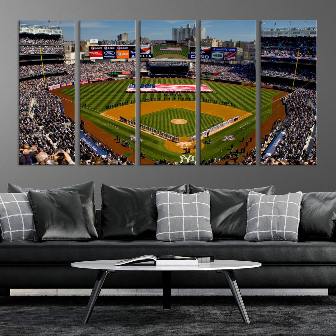 The Yankee Stadium New York wall art print features a vibrant scene of baseball fans with a large flag and players, expertly capturing the spirit of the game. This ready-to-hang décor is perfect for adding a dynamic touch to any space.