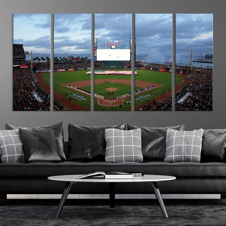 This framed 3-panel canvas MLB wall art features a giant flag and fans under a cloudy sky at Oracle Park.