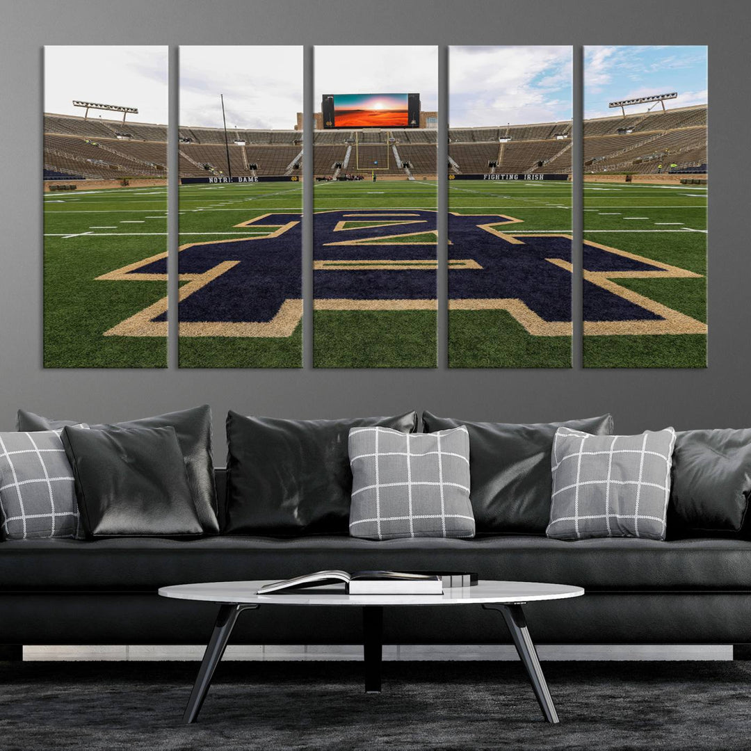 Notre Dame Stadium Triptych: This ready-to-hang giclee canvas print features a vibrant depiction of the football field adorned with an A logo and a stunning sunset.