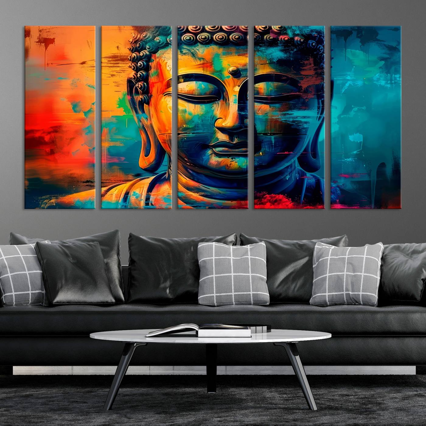A vibrant, abstract artistic rendition of a Buddha statue face, blending bold and contrasting colors to evoke a sense of peace, spirituality, and enlightenment.