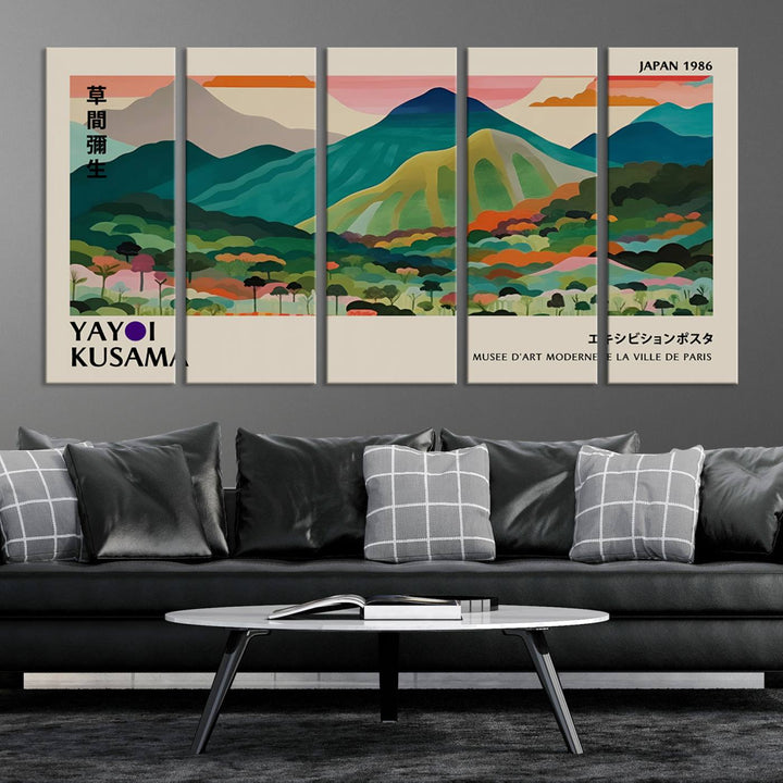 Vibrant Kusama landscape canvas featuring floral mountains and botanical decor, ideal for a modern home.