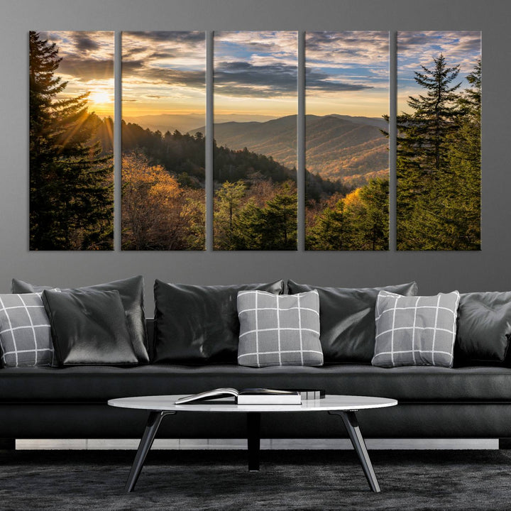 The dining area is beautifully decorated with the Sunrise Over the Smoky Mountains Canvas Wall Art – a breathtaking scenic landscape photography in a stunning triptych that's ready to hang.