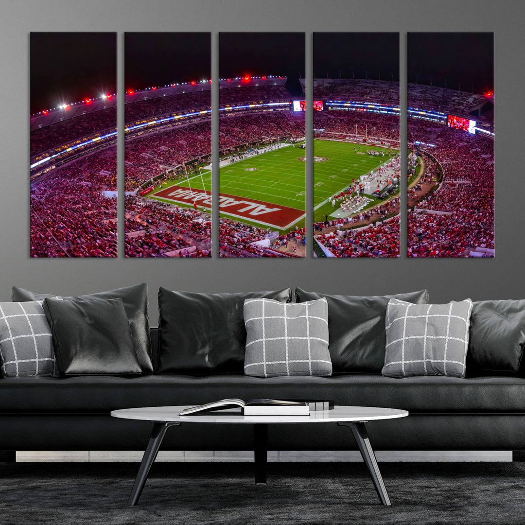 The living room features a Bryant-Denny Stadium Night Game Triple Canvas Wall Art.