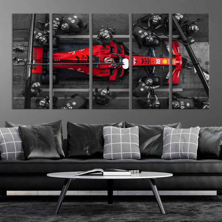 The Ferrari Pit Stop Canvas Wall Art features bold motorsport imagery that captures the precision and speed of Formula 1.