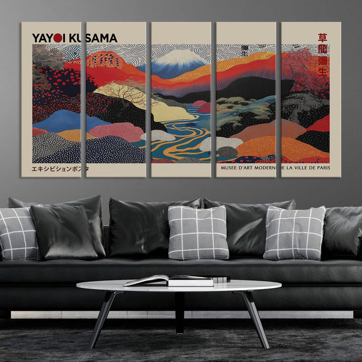 The room showcases Kusamas 1986 vibrant abstract landscape wall art print.