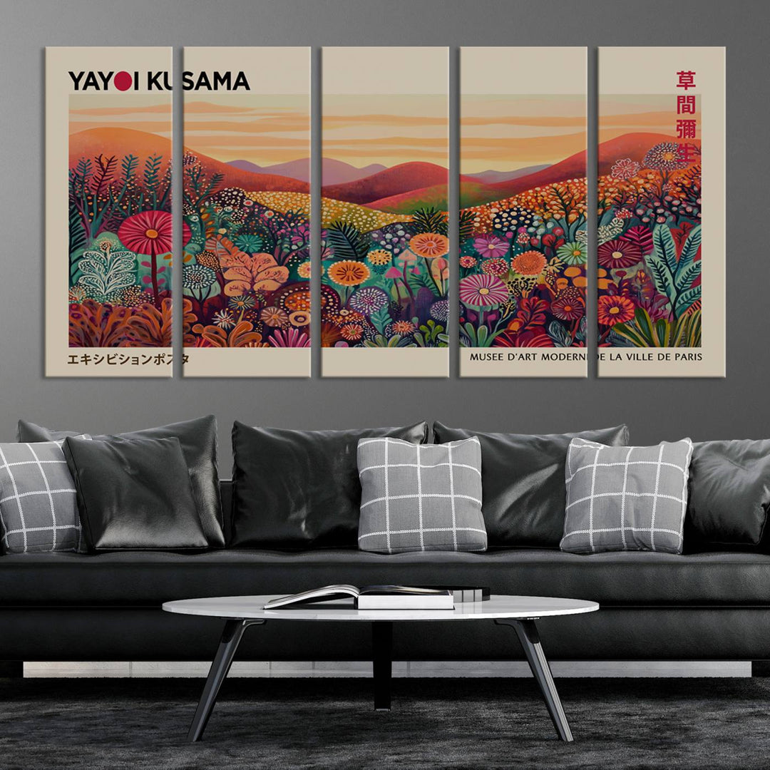 The room is adorned with a triptych artwork depicting colorful flowers and hills, incorporating the "Framed Yayoi Kusama 1986 Wall Art Print" – a vibrant abstract landscape canvas print that blends Japanese Wabi Sabi themes into contemporary nature-inspired décor.