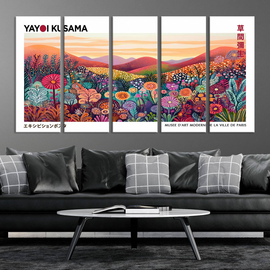 A Framed Yayoi Kusama 1986 Wall Art Print, showcasing a vibrant abstract landscape with flowers and reflecting the Wabi Sabi style, is displayed.