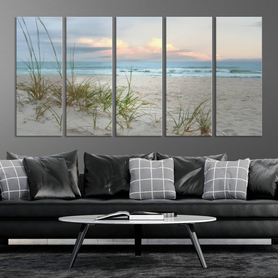 Flight Over Coastal Beach print on UV canvas displayed against white walls.