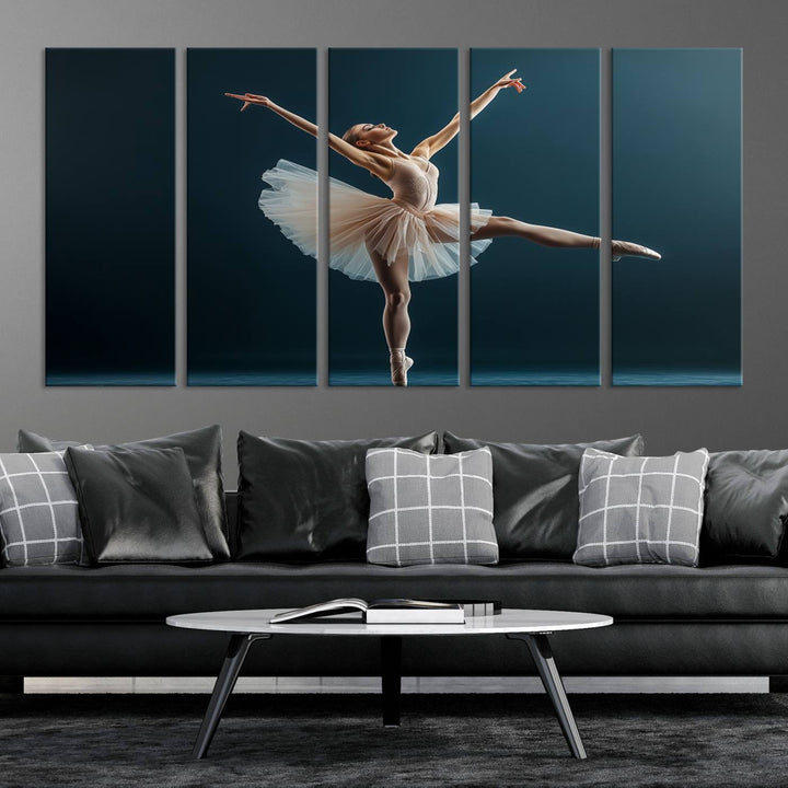 This stunning Ballerina Canvas Wall Art Print captures the elegance of a ballet dancer in motion, beautifully highlighted against a stage-like backdrop with delicate decor and natural elements. As graceful dance-inspired wall decor, it adds an element of grace and movement to any living room, office, or bedroom and is ready to hang.