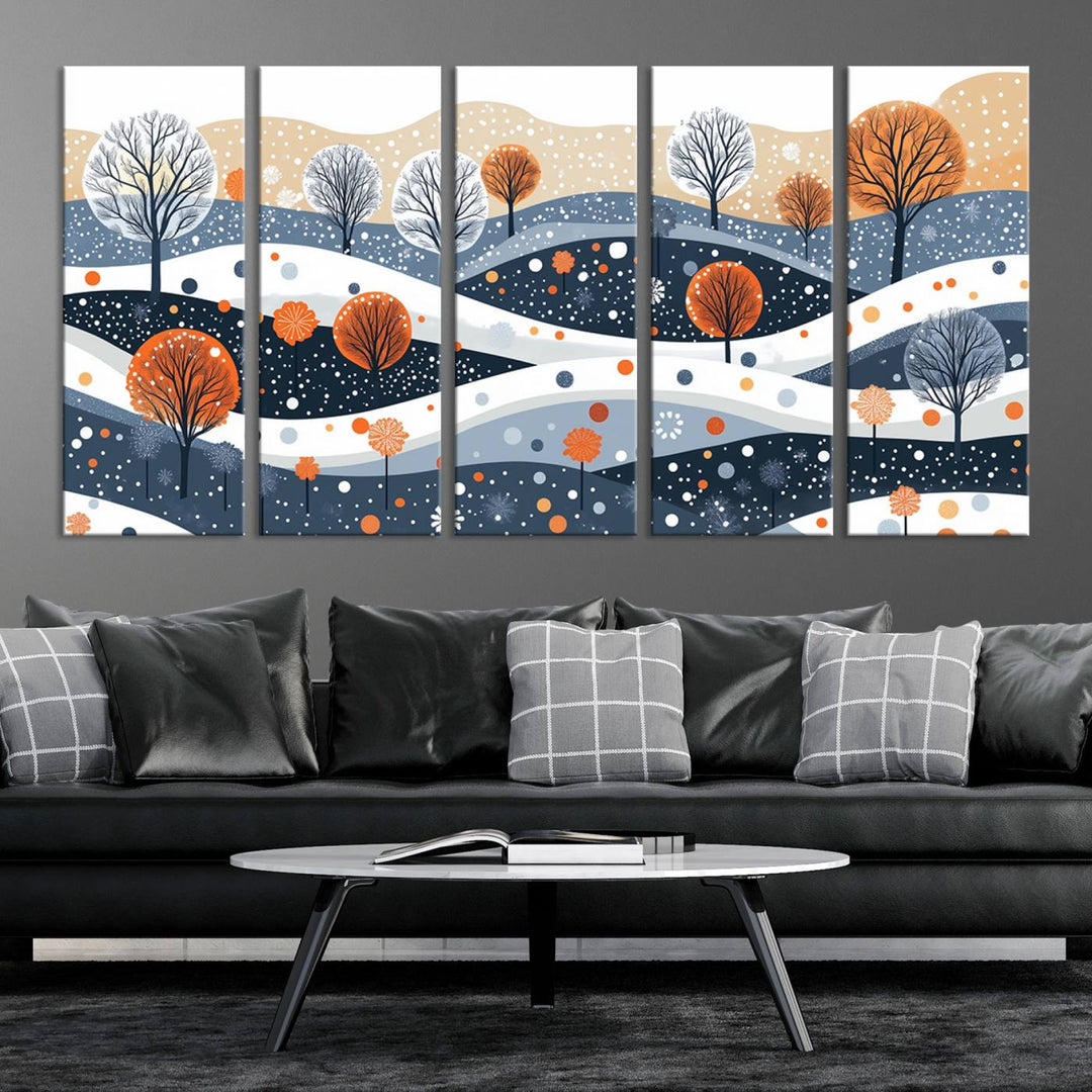 The "Abstract Winter Landscape Canvas Wall Art Print," featuring a triptych of landscapes with trees and hills in vibrant orange, white, and blue hues, adds a gallery-quality finish that transforms the space into an art lover's dream.