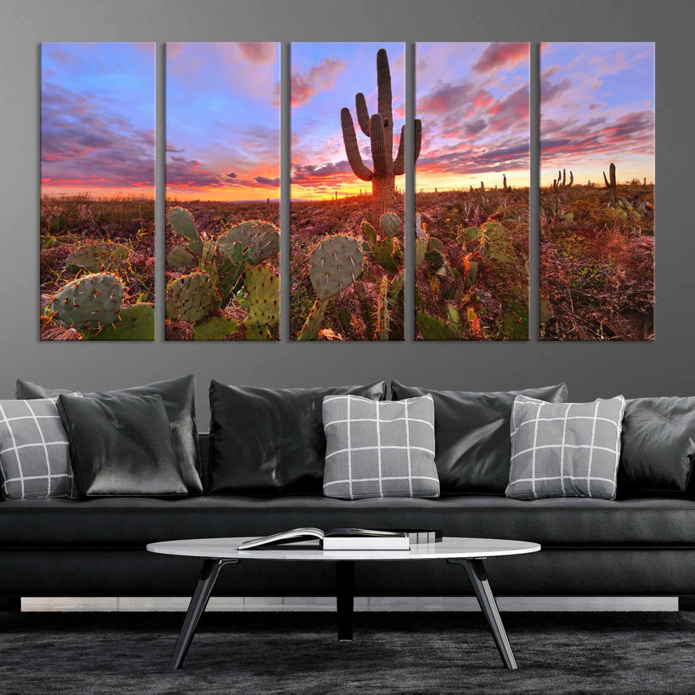 The Arizona Desert Sunset Wall Art Canvas Print hangs prominently.