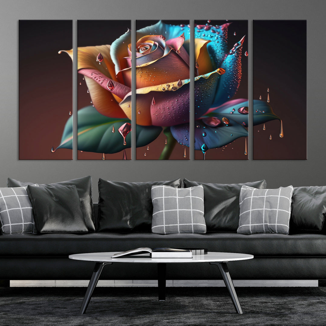 The Abstract Rose Wall Art Canvas Print displays a rose with droplets.