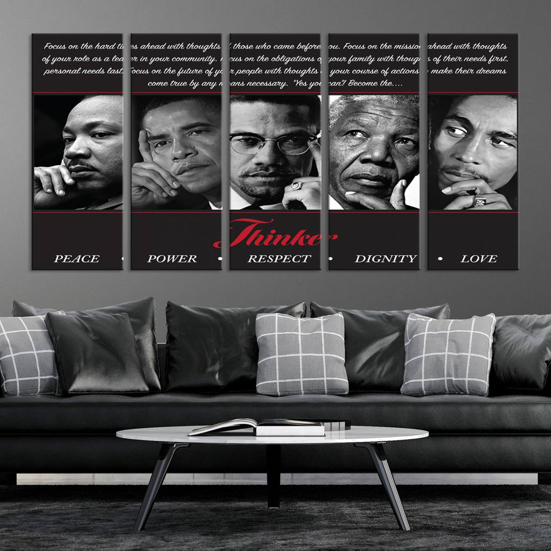 The wall art is a black and white piece featuring iconic figures accompanied by the words Thinker Peace Power Respect Dignity.