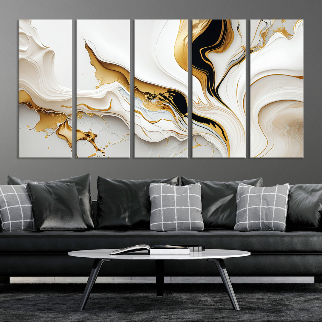 Modern interiors showcase Gold Waves on Pure White Canvas.