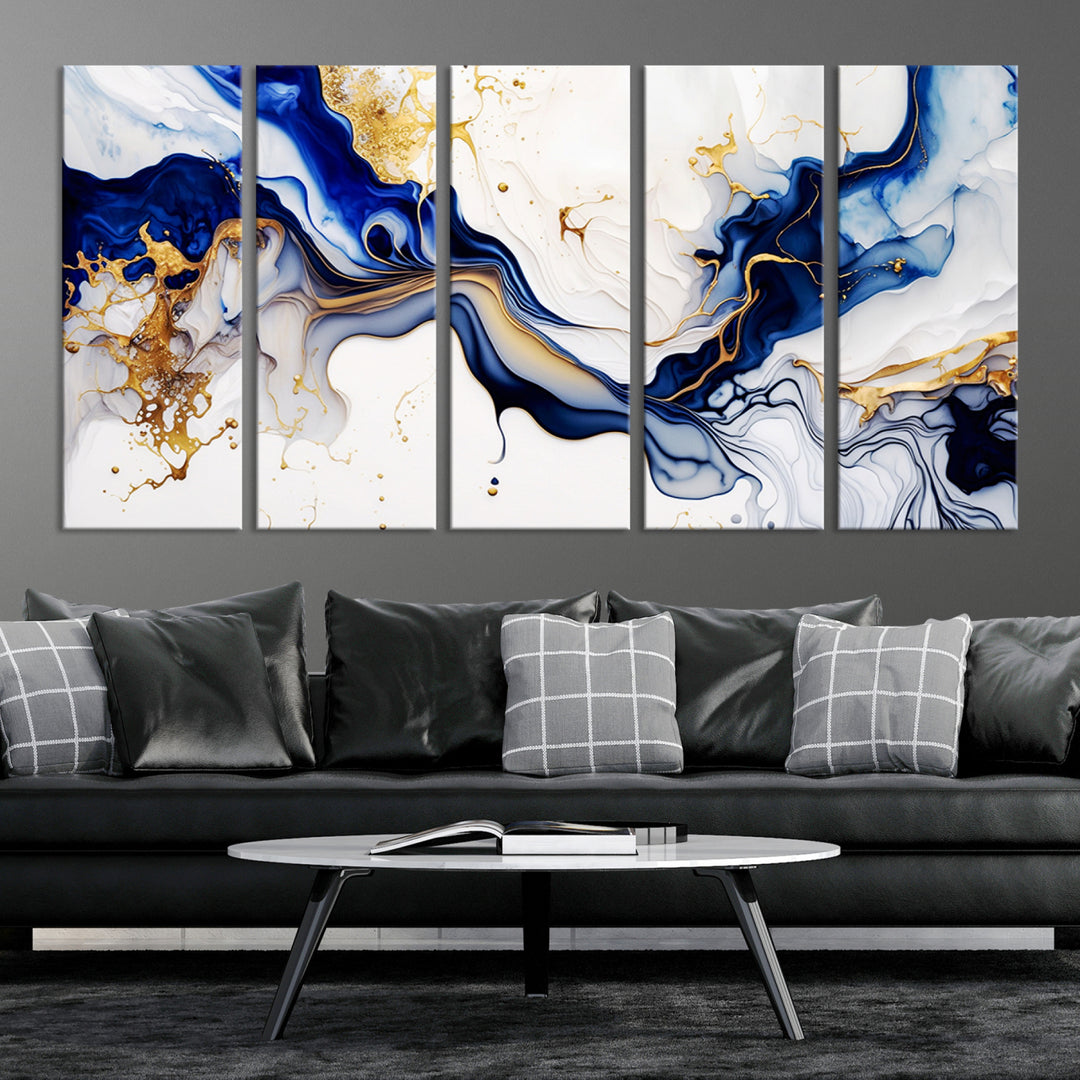 Golden Cascades on Midnight Blue wall art swirls above, featuring gold and white accents.