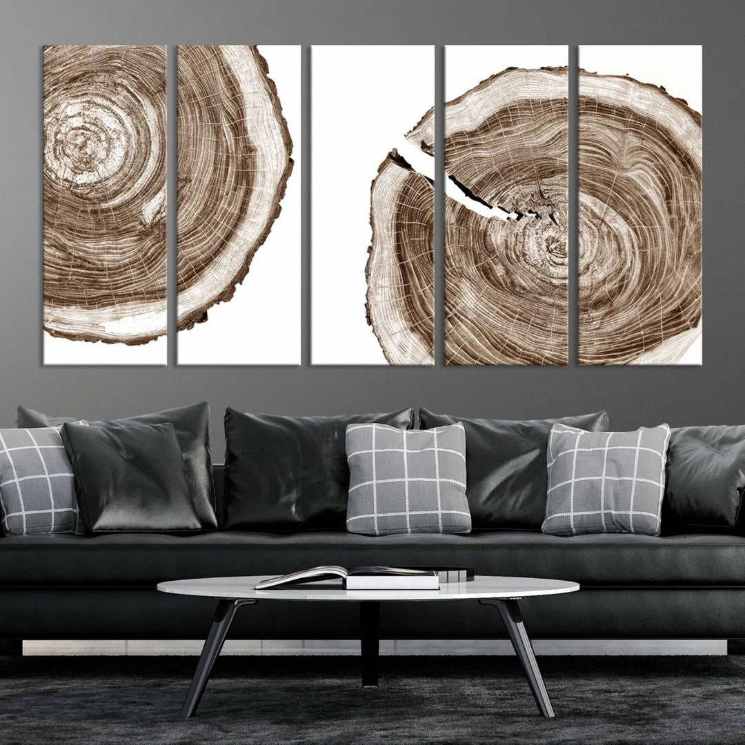 Wood Tree Ring Wall Art on a minimalist black and white canvas.