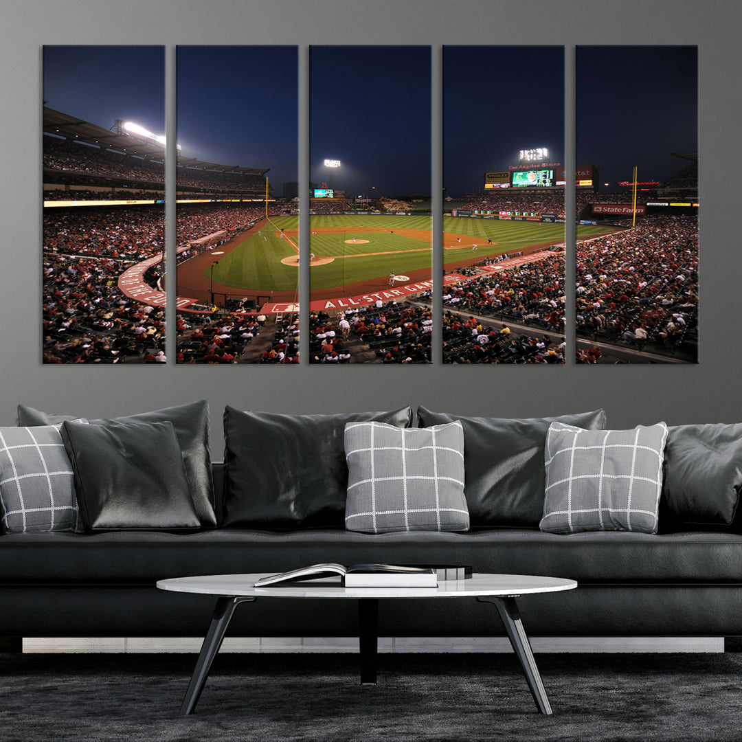 Aerial view of an LA Angels game at night, captured as stunning wall art on premium canvas, handmade in the USA.