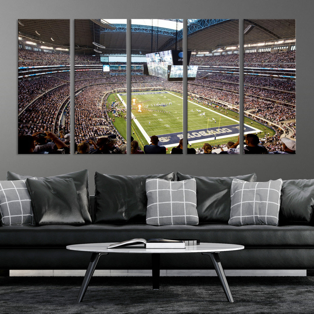 The wall art is a Dallas Cowboys AT&T Stadium Canvas Print, showcasing the iconic logo.