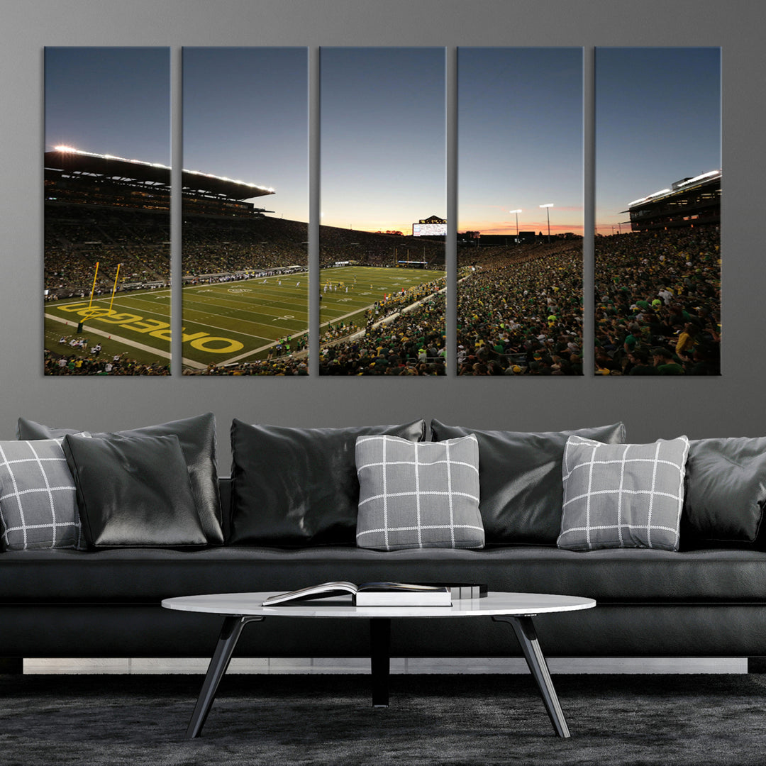 Canvas artwork depicting an Oregon Ducks football game at Autzen Stadium, capturing a sunset and packed stands.