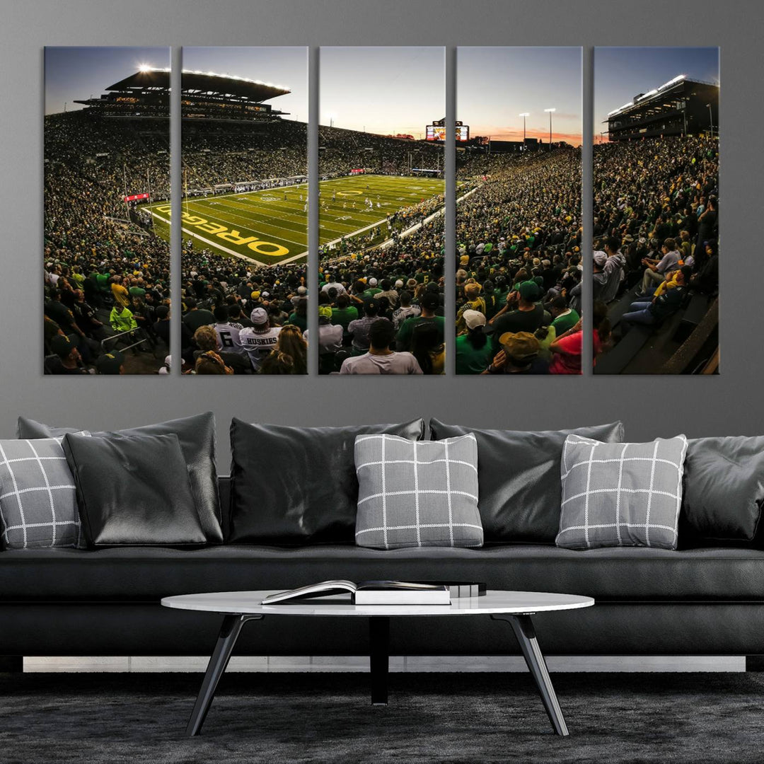 Autzen Stadium Evening Game Triple Canvas Wall Art - Oregon Ducks Football Match