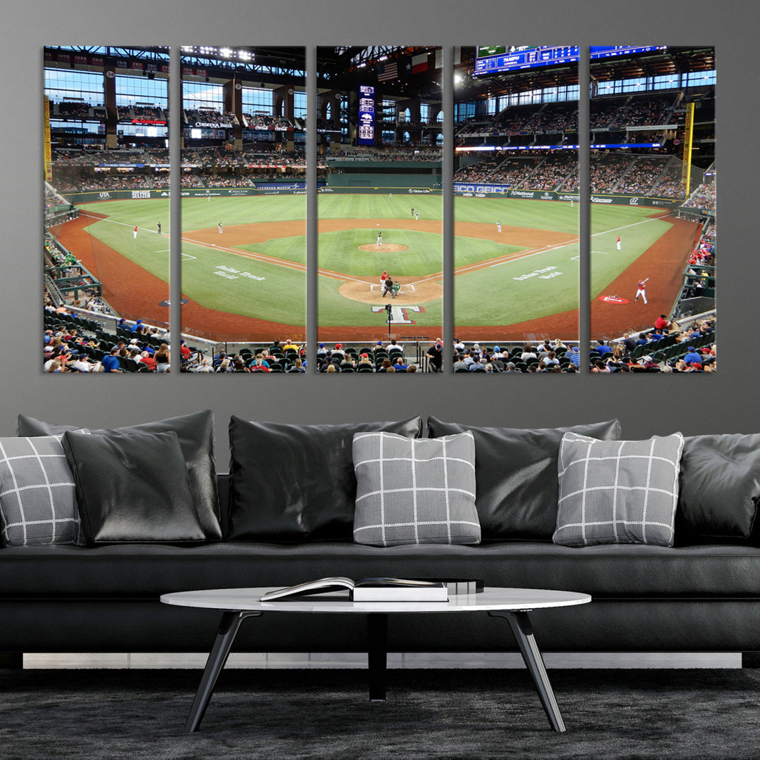 Admire the Texas Rangers Wall Art showcasing Globe Life Fields covered stadium and its lively crowd.