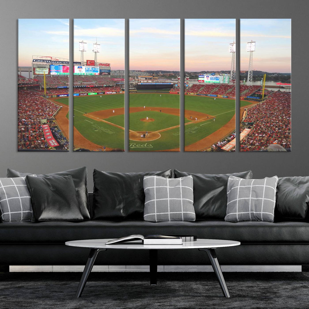 Cincinnati Reds game at sunset: Stadium wall art canvas.