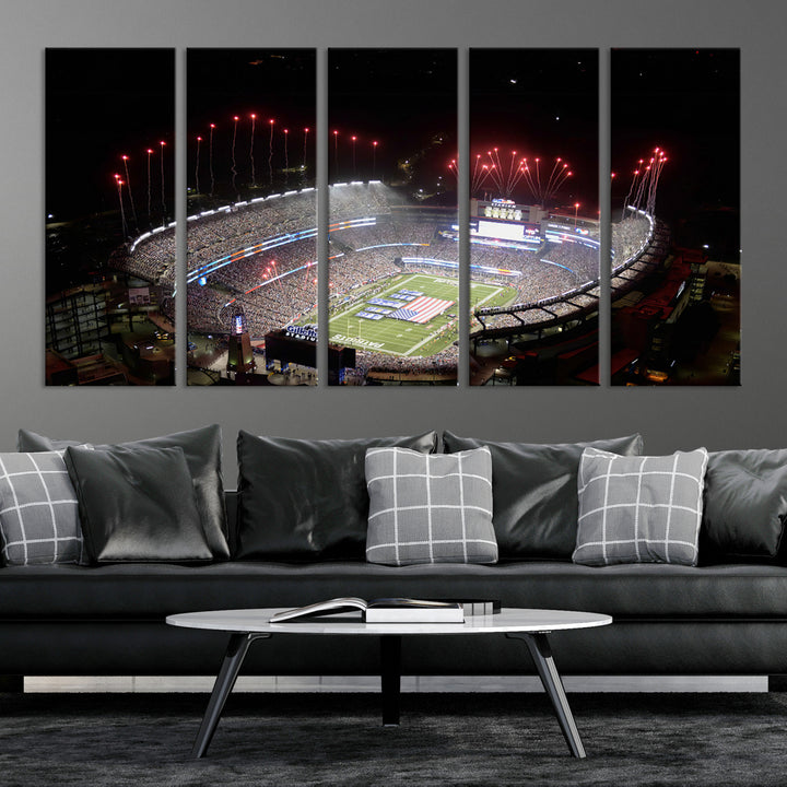 Aerial view of Gillette Stadium with fireworks and flag—ideal for a New England Patriots canvas print.