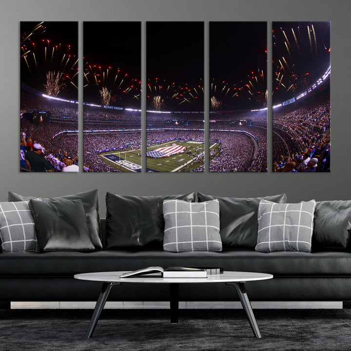 A vibrant wall art piece in MetLife Stadium features a stunning American flag design, capturing the spirited atmosphere of game day.