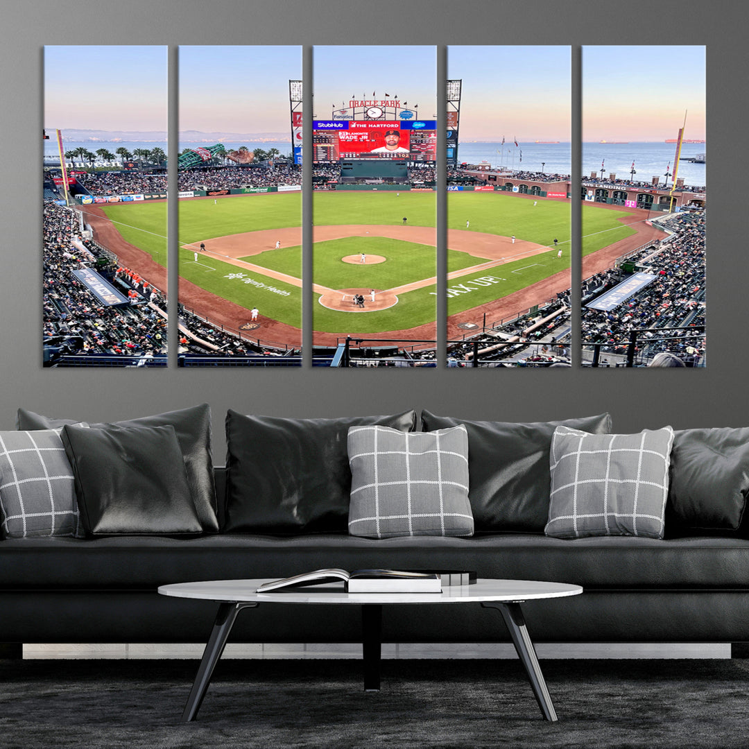 Gallery-quality canvas print of Oracle Park Stadium showcasing a waterfront view from behind home plate.