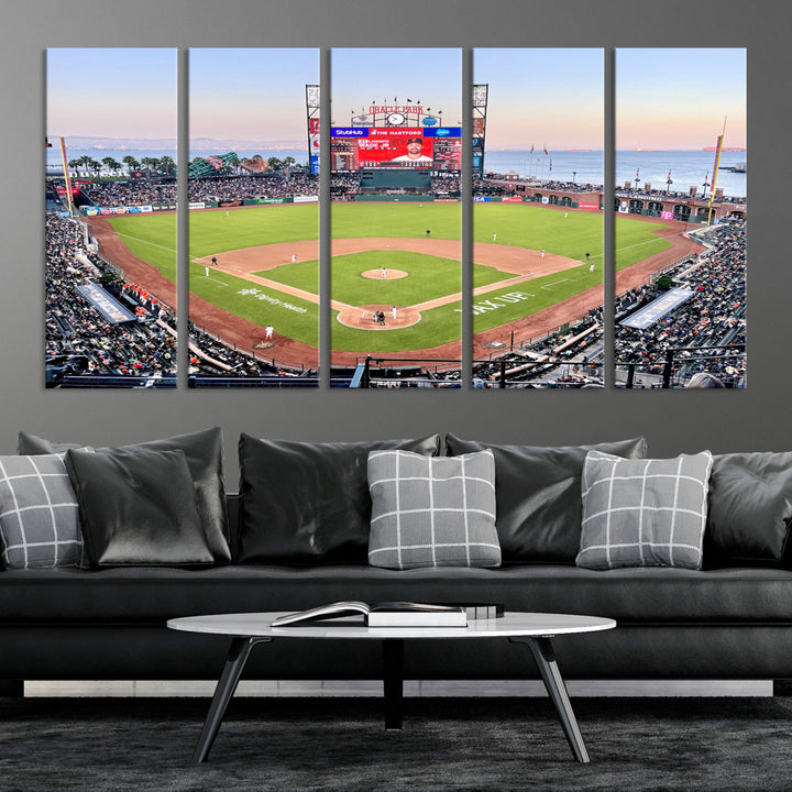 Gallery-quality canvas print of Oracle Park Stadium showcasing a waterfront view from behind home plate.