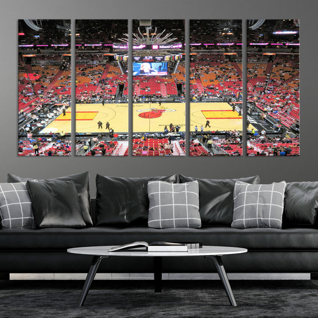 A Miami Heat Basketball Print showcases Kaseya Center Stadium Wall Art with a grand scoreboard.