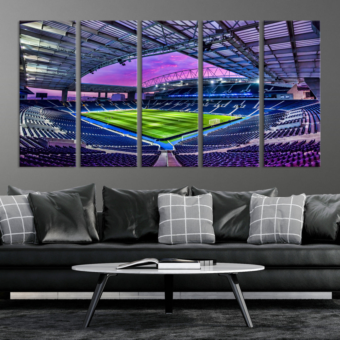 The FC Porto Soccer Team Dragon Stadium Wall Art Canvas Print decorates the room.