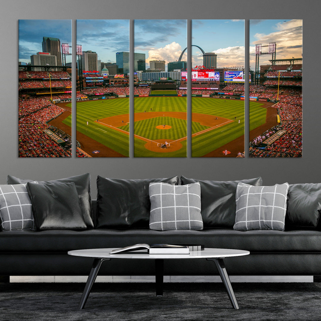 Canvas art of the St. Louis Cardinals Busch Stadium, capturing the citys skyline.