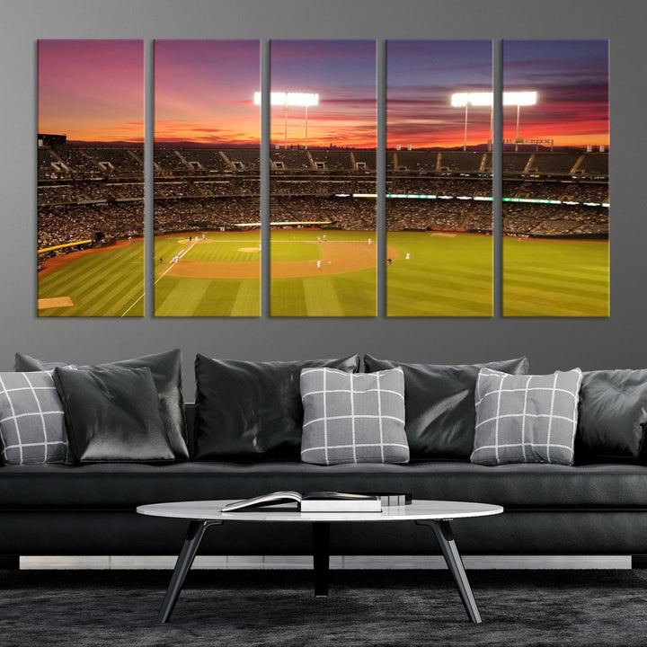 The Oakland Coliseum print is a museum-quality canvas depicting a full crowd and a sunset.