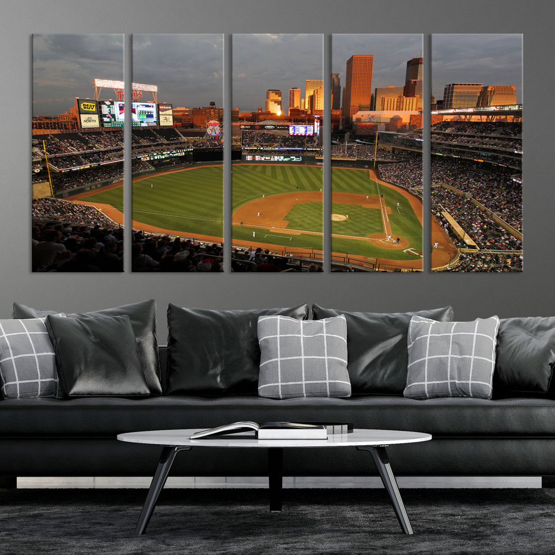 Baseball at Target Field, sunset game, city skyline view.