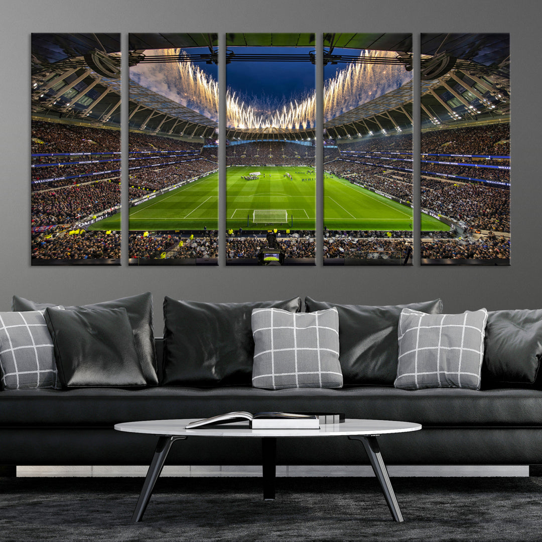 A stunning Tottenham Hotspur Stadium wall art captures the energy of a stadium packed with fans and vibrant lights.