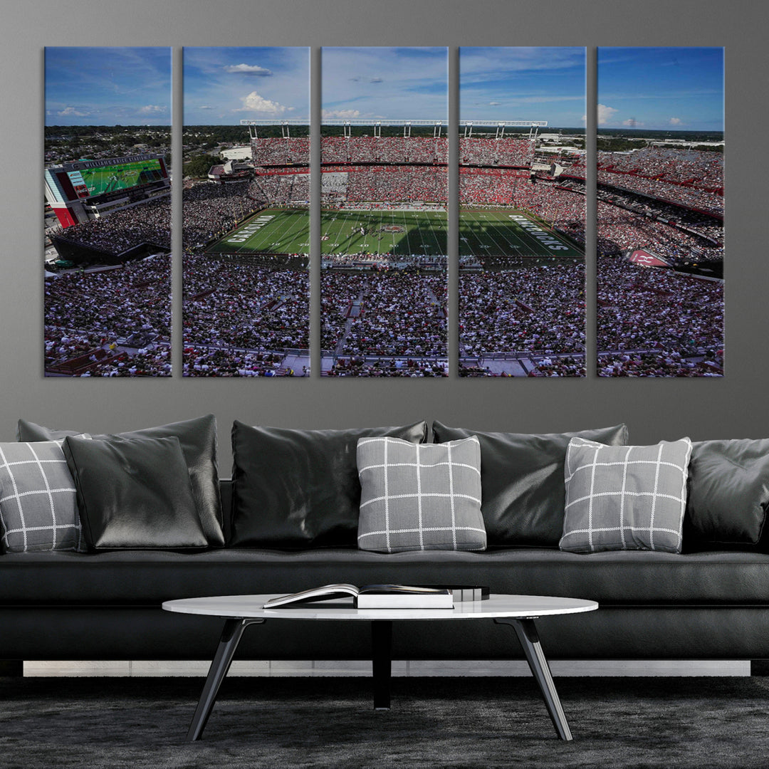 The wall art is a South Carolina Gamecocks print, showcasing Williams-Brice Stadium from a distance under clear skies.