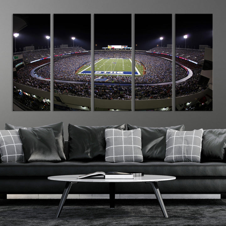 The Buffalo Bills NFL Highmark Stadium at night print captures the bright lights, conveying an exhilarating atmosphere.