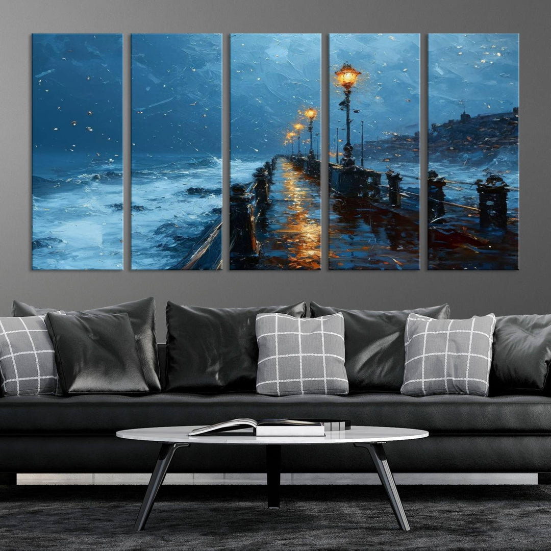 Framed 3-Panel Seaside Night Pier Oil Painting Canvas Wall Art | Ready to Hang Coastal Landscape Art for Modern Living Room, Office, or Bedroom Decor