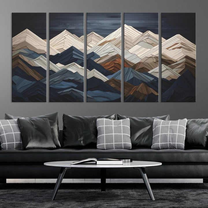 Wood Style Mountain Range Wall Art - Ready to Hang 3-Piece Set for Modern Rustic Decor, Abstract Wooden Design for Living Rooms, Bedrooms & Offices