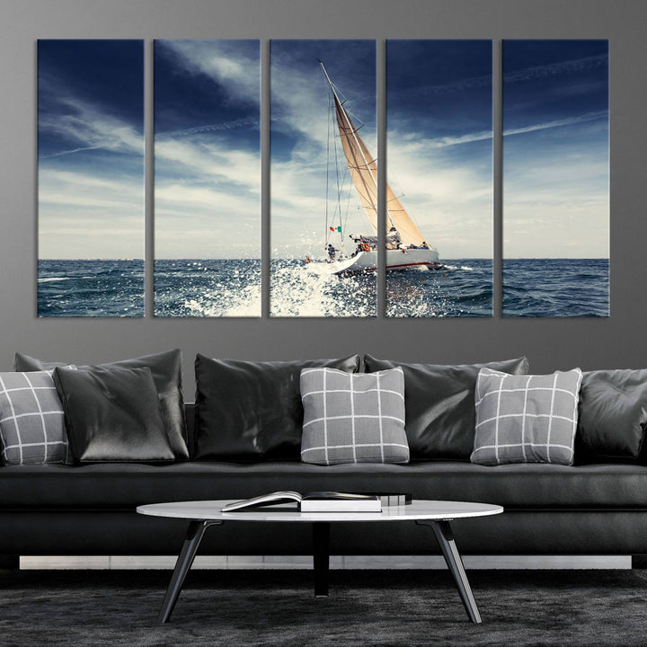 Sailboat Ocean Beach Blue Sky Wall Art Canvas Print