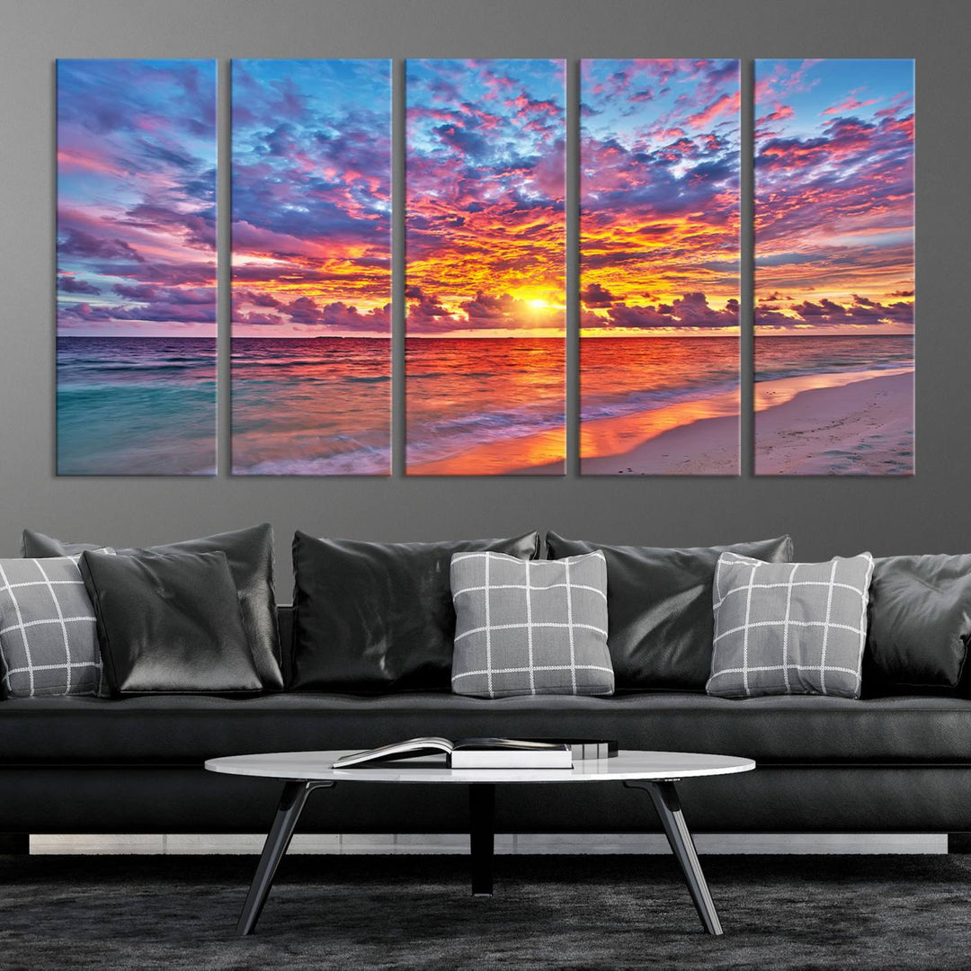 Vibrant Sunset Beach Wall Art | Ocean Sunset Canvas Print | Coastal Wall Art Decor | Ready to Hang | Stunning Sunset Scene for Home or Office Decor