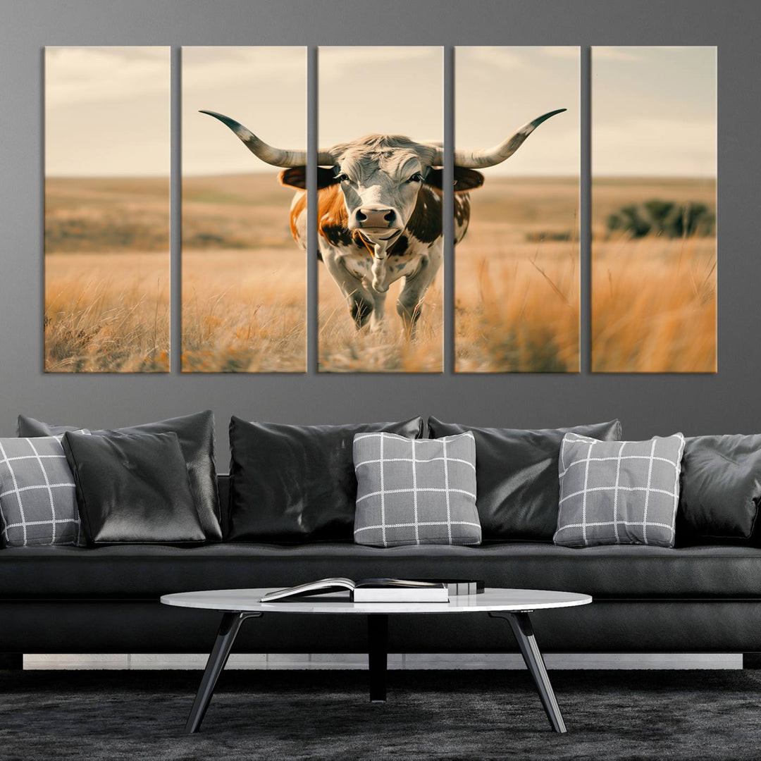 The Texas Cow Longhorn Wall Art Canvas adds rustic charm to the decor.