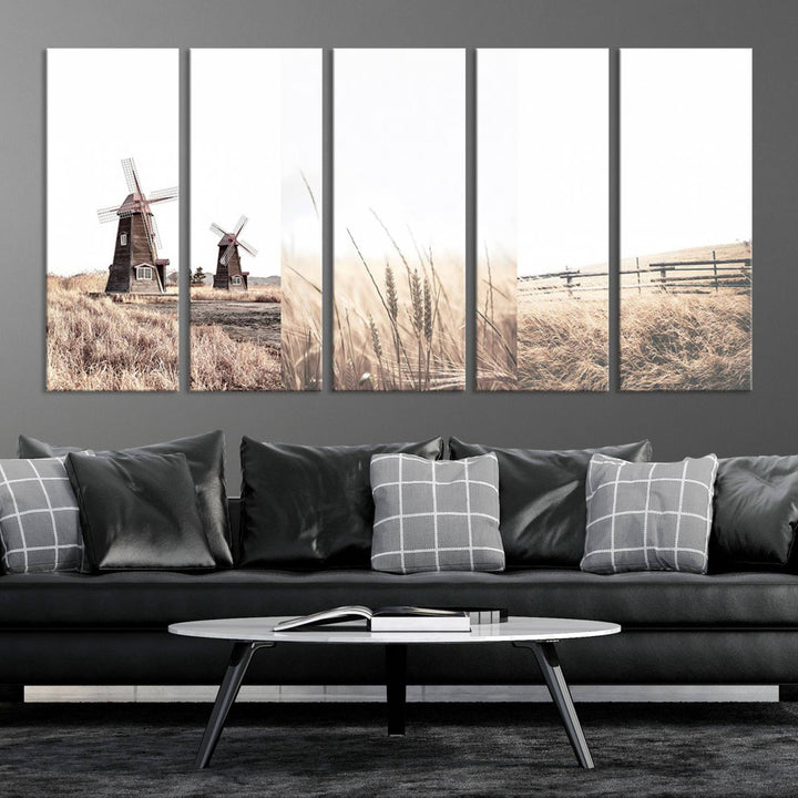 Farmhouse wall art set: 3 giclee canvas prints featuring windmills and wheat fields.