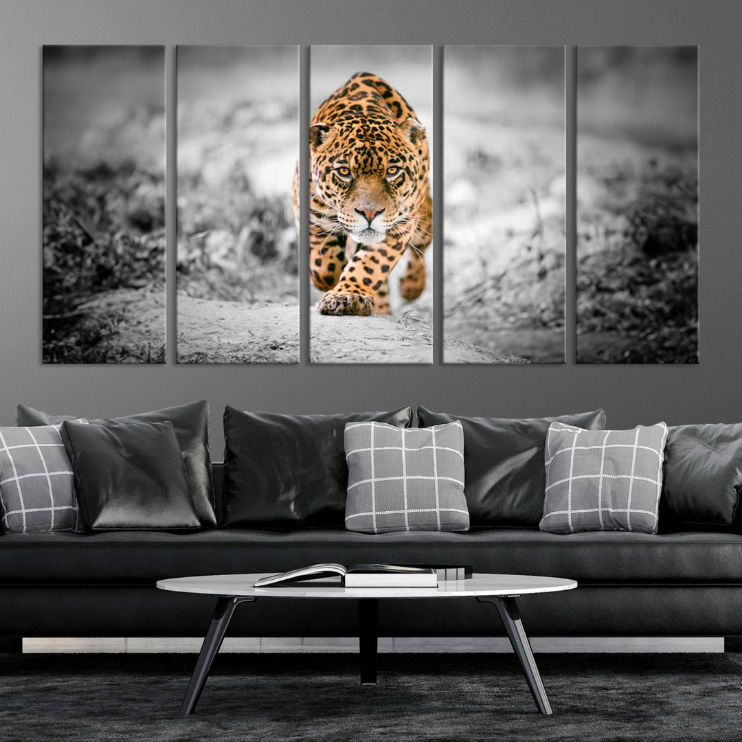 A striking three-panel "Jaguar Stalking Wall Art Canvas Print - Majestic Big Cat in Focused Pursuit" features a leopard walking forward, set against a black and white background.