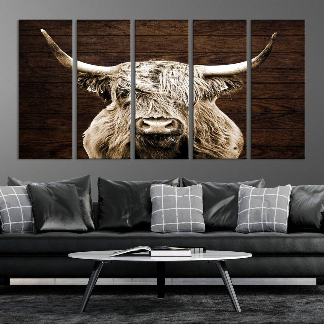 Highland Cow Wall Art Canvas Print, Rustic Farmhouse Decor, Majestic Scottish Highland Bull Portrait for Living Room – Ready to Hang