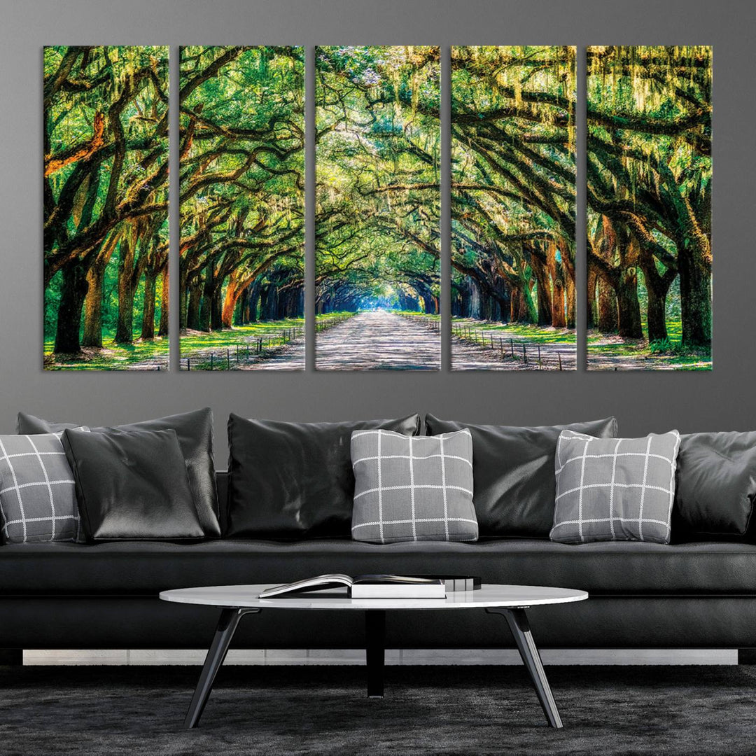 Serene Tree Tunnel Wall Art Canvas Print – Pathway Under Canopy of Lush Green Trees, Nature-Inspired Decor for Living Room – Ready to Hang