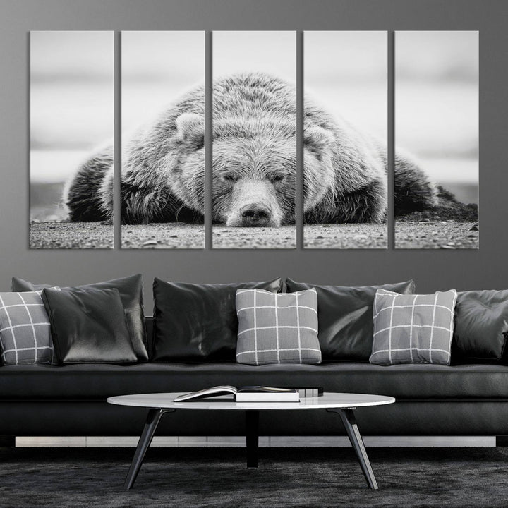 Resting Grizzly Bear wall art displayed in a modern room.