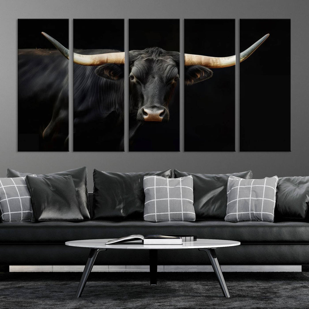 Texas Longhorn Cow | Majestic Black Bull Wall Art Canvas Print - Farmhouse Animal Decor - Ready to Hang